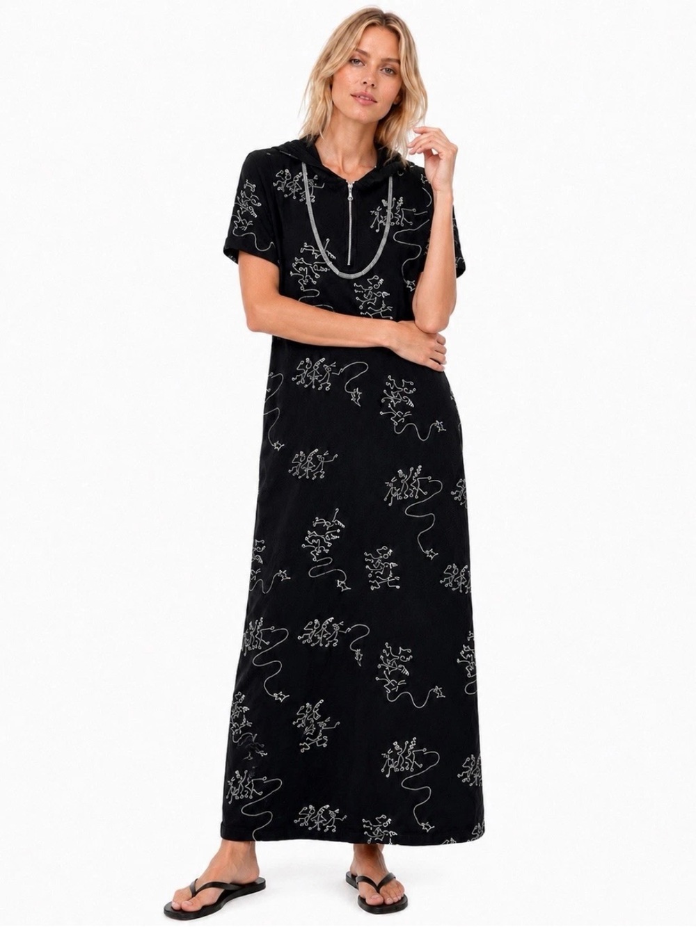 Vintage Fresh Produce Company Black Hooded Maxi Dress Graphic Pattern Large
